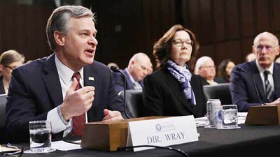 FBI Director Christopher Wray, CIA Director Gina Haspel, and Director of National Intelligence Dan Coats give evidence at a Senate Intelligence Committee hearing on Worldwide Threats.