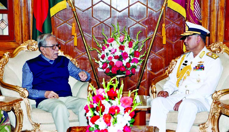 Newly appointed Chief of Naval Staff Vice Admiral AMMM Aurangzeb Chowdhury called on President Abdul Hamid at Bangabhaban on Thursday. Press Wing, Bangabhaban photo