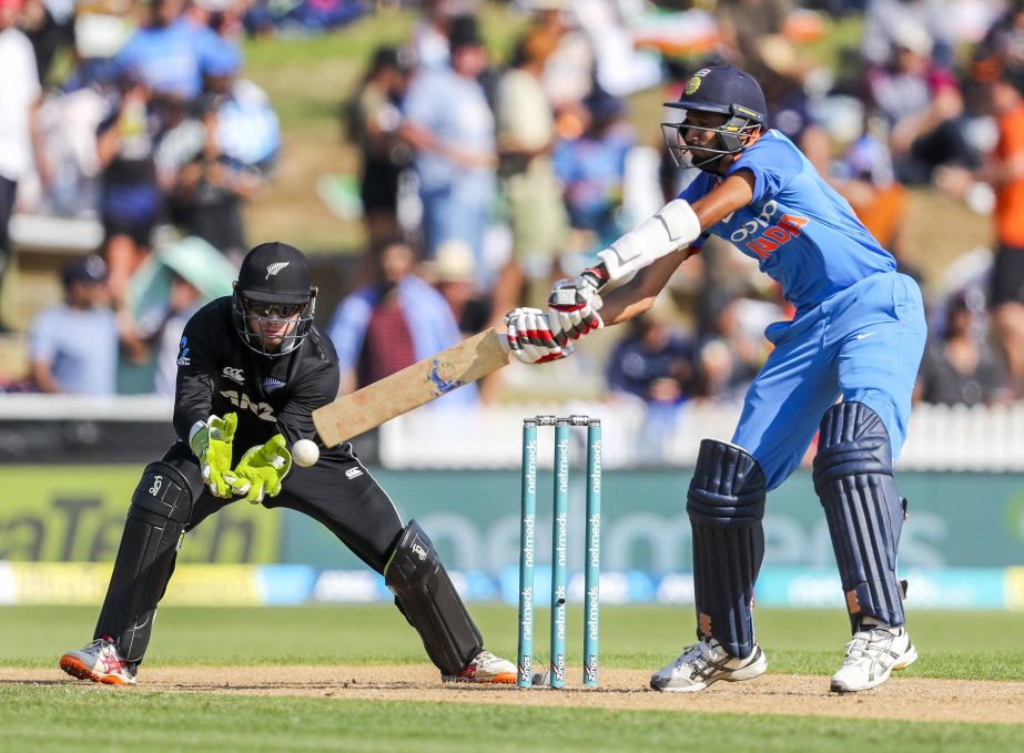 India's Khaleel Ahmed (right) plays a shot against New Zealand during their fourth one day international cricket match at Seddon Park in Hamilton, New Zealand on Thursday.
