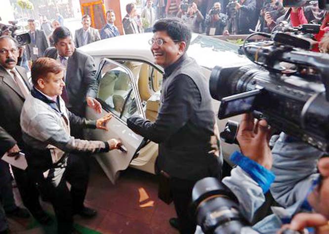 India's interim Finance Minister Piyush Goyal arrives at the parliament to present 2019-20 budget in New Delhi on Friday.