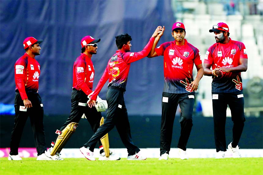 Players of Comilla Victorians celebrating after beating Dhaka Dynamites by one run in the 39th match of the UCB 6th Bangladesh Premier League (BPL) T20 cricket at the Sher-e-Bangla National Cricket Stadium on Friday.
