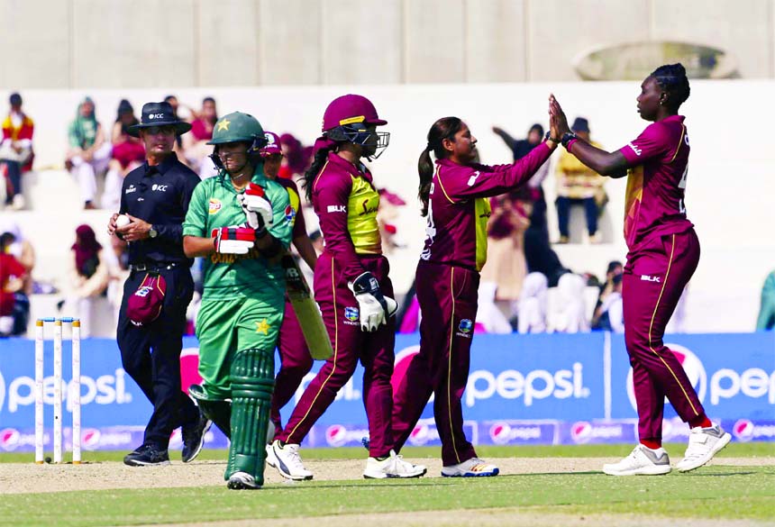 West Indies players celebrate the dismissal of Pakistan Iram Javed during the first Twenty20 in Karachi, Pakistan onThursday. West Indies women team beat Pakistan by 71 runs to take 1-0 lead in the three-match series.
