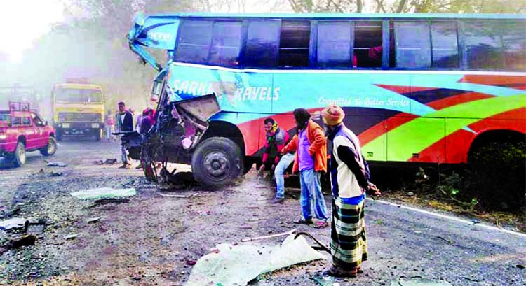 One person was killed and 15 others were injured as bus, truck collided head on at Madhupur area of Sathia in Pabna on Friday.