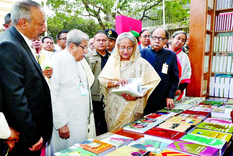 Prime Minister Sheikh Hasina visiting stalls after inaugurating month-long Amar Ekushey Boi Mela at Bangla Academy premises on Friday.