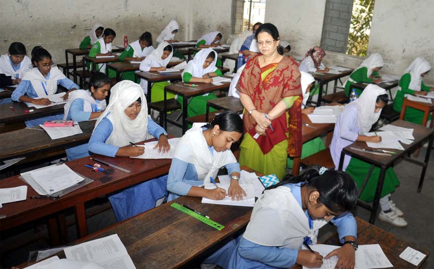 SSC examinees at Bangladesh Mahila Samity School in Chattogram in the first day of the examination on Saturday.