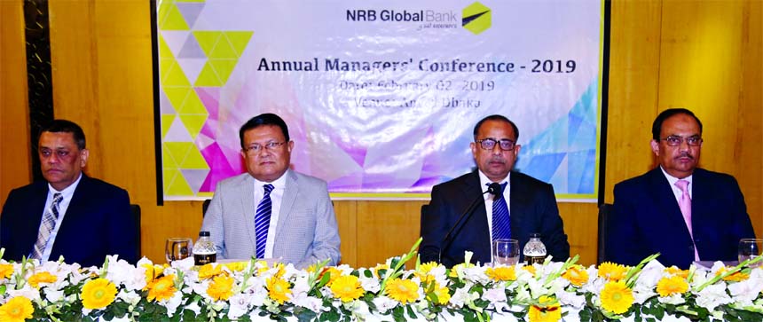 Syed Habib Hasnat, Managing Director of NRB Global Bank Limited, presiding over its Annual Mangers Conference-2019 at a hotel in the city on Saturday. Md. Golam Sarwar, AMD, Kazi Mashiur Rahman Jayhad, Mohammad Shamsul Islam, DMDs and all divisional heads