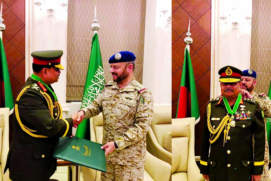 Visiting Chief of Army Staff to Saudi Arabia General Aziz Ahmed being presented 'Badsha Abdul Aziz Medal of Excellence' by Chief of General Staff of Royal Saudi Armed Forces General Fayad Bin Hamed Al-Roaily on behalf of Saudi Government on Monday. IS