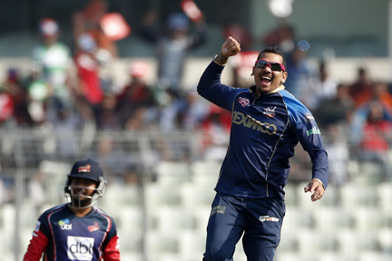 Sunil Narine of Dhaka Dynamites reacts after dismissal of Shadman Islam during the Eliminator phase of the UCB 6th Bangladesh Premier League (BPL) T20 cricket between Dhaka Dynamites and Chittagong Vikings at the Sher-e-Bangla National Cricket Stadium in
