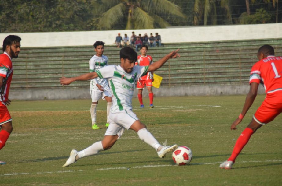 A scene from the football match of the Bangladesh Premier League between Bangladesh Muktijoddha Sangsad Krira Chakra and NoFeL Sporting Club at Shaheed Bhulu Stadium in Noakhali on Monday. Muktijoddha Sangsad won the match 2-0.
