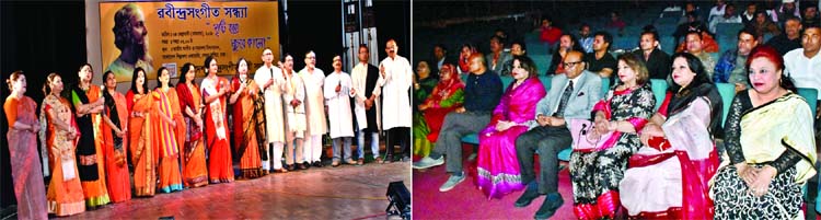 Artistes rendering Tagore songs (Top) and (Bottom) Saju Hosein, Chairperson of The Daily New Nation, Advocate Khandaker Mahbub Hossain, Shahnaz Hossain, Nasrin Kader among others enjoying the programme on Monday at Bangladesh Shilpakala Academy in Segun B