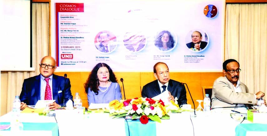 (From left) Enayetullah Khan, Chairman of Cosmos Foundation, Rensje Teerink, EU Ambassador to Bangladesh, Dr. Iftekhar Ahmed Chowdhury, former Foreign Affairs Adviser to the Caretaker Government and Md. Shahidul Haque, Senior Secretary to the Ministry of