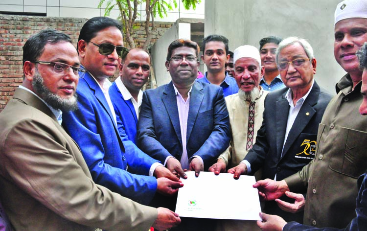 Industries and Commerce Secretary of Noakhali district Awami League Nazmul Haque Nazim and former Juba League President of Noakhali district Golam Sharif Chowdhury Piplos receiving nomination form for Upazila Parishad election on behalf of chairman candi