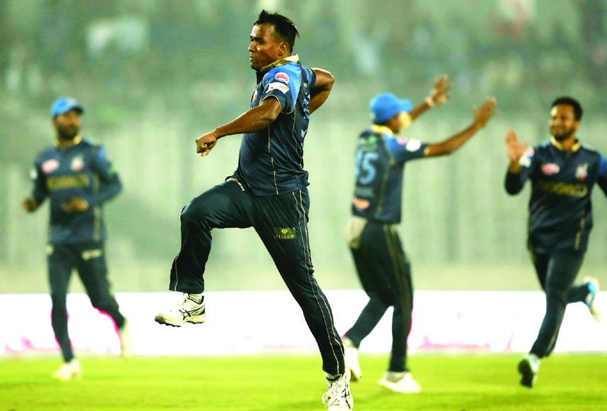 Rubel Hossain of Dhaka Dynamites celebrating after dismissal of Chris Gayle during the Qualifiers match of the UCB 6th Bangladesh Premier League (BPL) T20 cricket between Dhaka Dynamites and Rangpur Riders at the Sher-e-Bangla National Cricket Stadium in