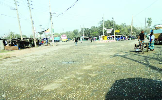 NAOGAON: Though the construction work of dilapidated Naogaon- Santahar- Choumasiya Highway has started nearly two years ago has not been finished yet. This snap was taken yesterday.