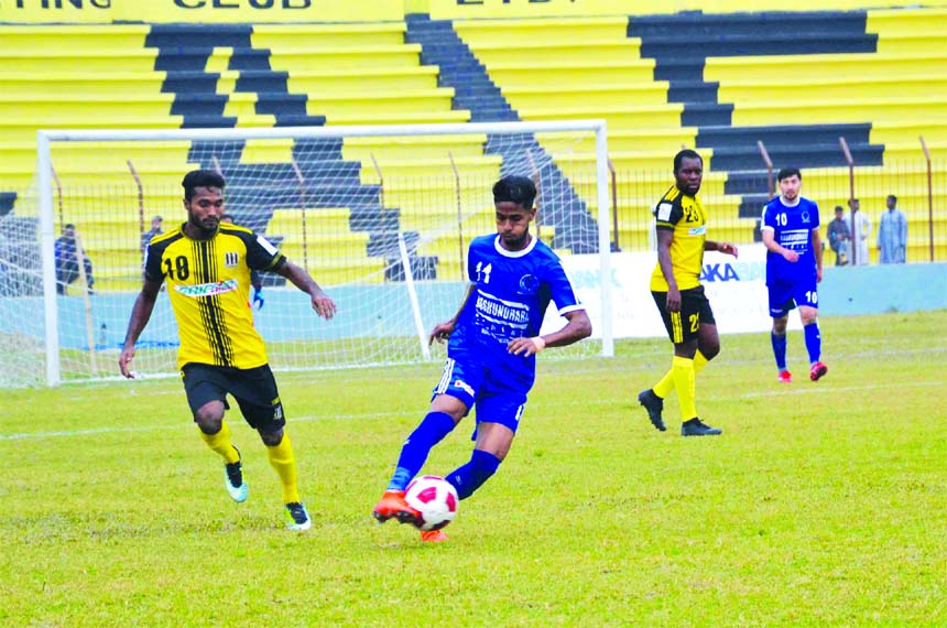 A moment of the football match of the Bangladesh Premier League between Sheikh Russel Krira Chakra Limited and Saif Sporting Club at Rafiquddin Bhuiyan Stadium in Mymensingh on Friday. The match ended in a 1-1 draw.