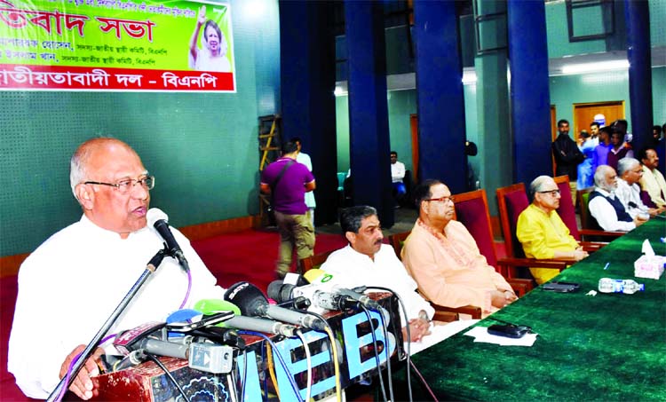 BNP Standing Committee Member Dr. Khondkar Mosharraf Hossain speaking at a protest meeting organised by the party at the Engineers Institution, Bangladesh in the city on Friday demanding release of BNP Chief Begum Khaleda Zia and other leaders of the part