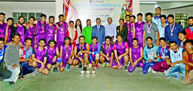 Members of Institute of Business Administration (IBA), the champions of the Inter-Department Basketball Competition of Dhaka University (DU) with the chief guest Pro-Vice-Chancellor (Administration) of DU Professor Dr Muhammad Samad and the other teachers