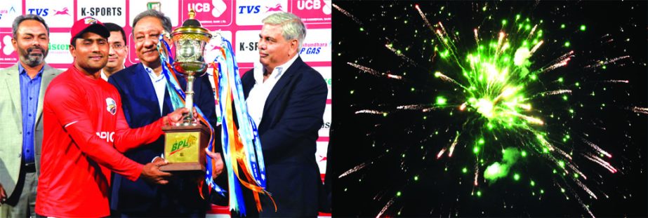 Captain of Comilla Victorians Imrul Kayes receiving the champions trophy of the UCB 6th Bangladesh Premier League (BPL) T20 cricket from Shashank Manohar (right), the Chairman of the International Cricket Council (ICC) at the flood-lit Sher-e-Bangla Natio