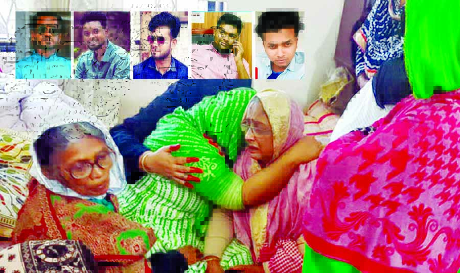 Five leaders and activists of Bangladesh Chhatra League and Jubo League were killed in a collision between a truck and private car on Rupsha Bridge bypass road on Sunday night. Relatives of the victims are seen wailing.