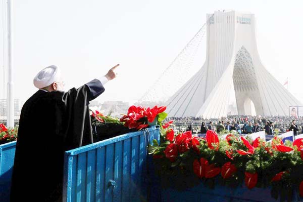 Iranian President Hassan Rouhani on February 11, delivers a speech at Azadi Square in the capital Tehran during a ceremony to mark the 39th anniversary of the Islamic Revolution