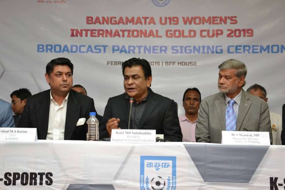 President of Bangladesh Football Federation (BFF) Kazi Md Salahuddin speaking at a press conference at the conference room of BFF House on Tuesday.