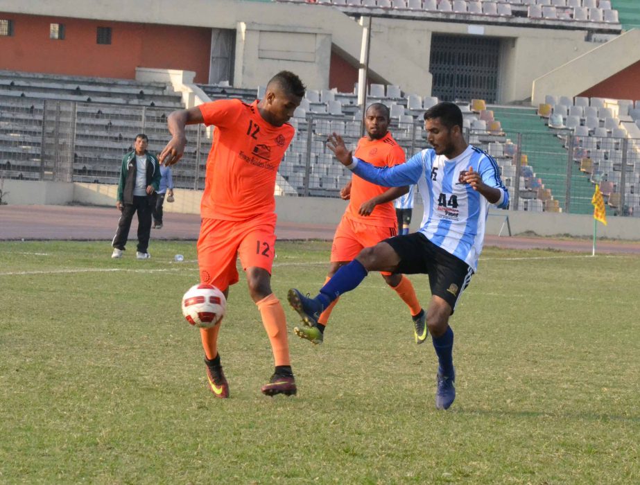 An action from the football match of the Bangladesh Premier League between Sheikh Jamal Dhanmondi Club Limited and Brothers Union at the Bangabandhu National Stadium on Tuesday. Sheikh Jamal won the match 1-0.