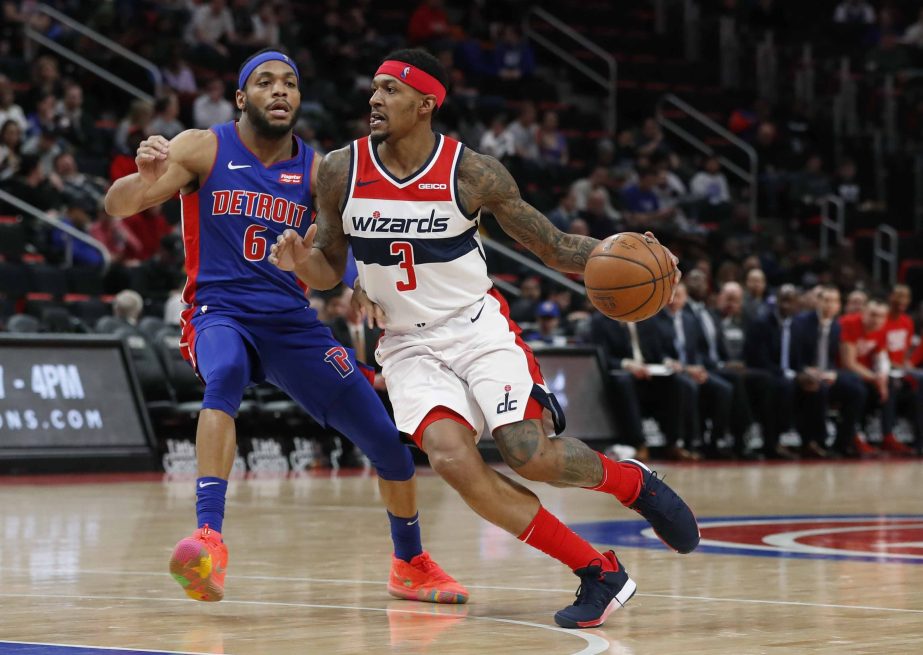 Washington Wizards guard Bradley Beal (3) drives on Detroit Pistons guard Bruce Brown (6) during the second half of an NBA basketball game in Detroit on Monday.