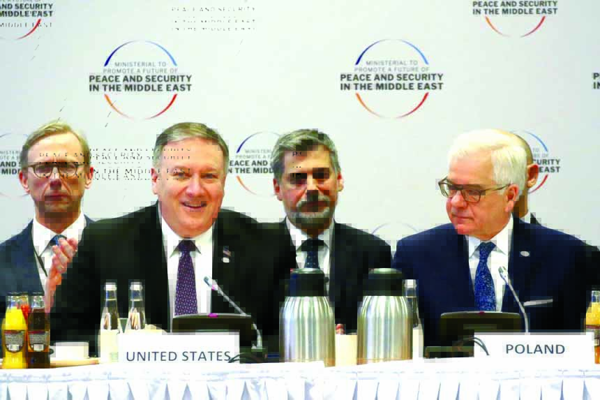 US Secretary of State Mike Pompeo and Polish Foreign Minister Jacek Czaputowicz attend a plenary session at the Middle East summit in Warsaw, Poland on Thursday.