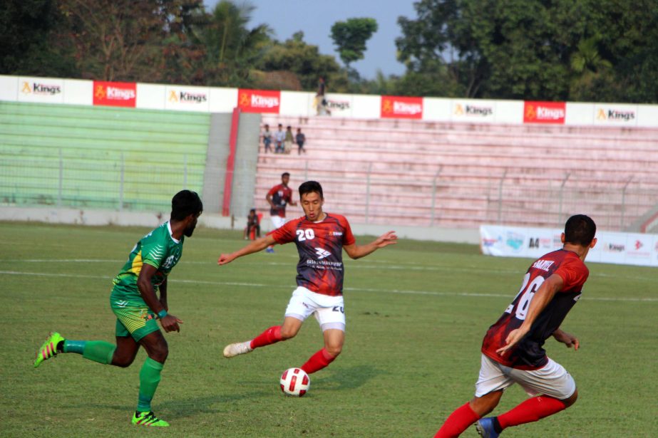 A view of the football match of the Bangladesh Premier League between Bashundhara Kings and Rahmatganj MFS at Sheikh Kamal Stadium in Nilphamari on Thursday. Bashundhara Kings won the match 1-0.