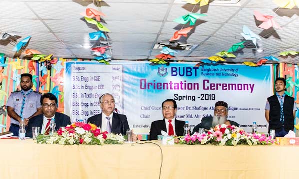 Prof Dr Shafique Ahmed Siddique, Chairman, BUBT Trust speaks at an orientation program arranged for the newly enrolled undergraduate students in the Spring Semester held at the University Hall Room, Rupnagar in the city recently.