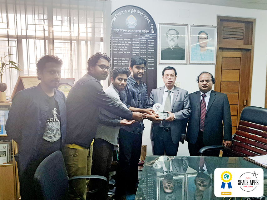 Biswapriyo Chakraborty, Mentor, Olik, a team of Shahjalal University of Science & Technology meets Vice Chancellor of the University after winning the "Best use of Data" category in the NASA Space Apps 2018 recently.