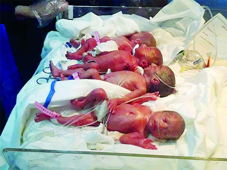 The seven newborns, six girls and one boy, are said to be in good health after receiving medical check-ups (picture shows four of the children).