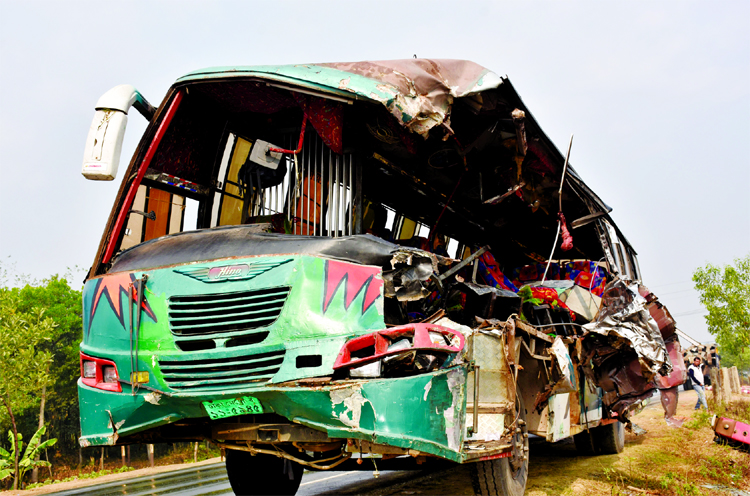 Five people were killed and 10 others injured as bus crashed into a truck from backside on Dhaka-Chattogram Highway near Gangrai in Chauddagram upazila on Sunday.