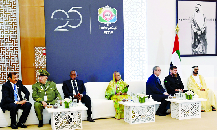 Prime Minister Sheikh Hasina with heads of govt attending the International Defence Exhibition at Abu Dhabi on Sunday.