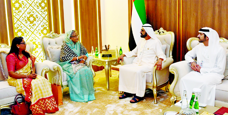 Prime Minister Sheikh Hasina at a bilateral meeting with the Prime Minister of the United Arab Emirates Sheikh Mohammad Bin Rashed Al Maktoum at Abudhabi National Exhibition Center on Monday.