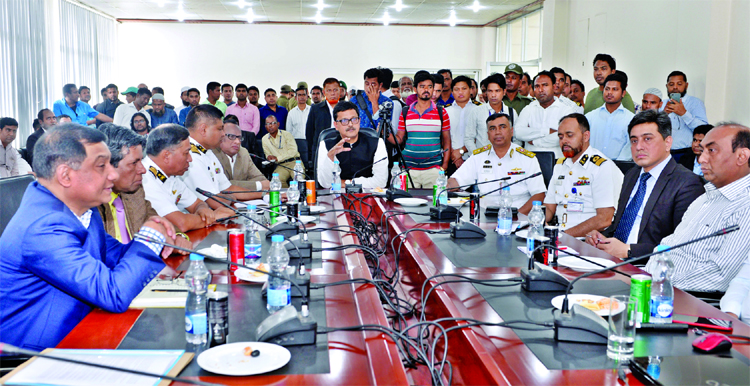 State Minister for Shipping Khalid Mahmud Chowdhury speaking with the officials and employees after visiting Pangaon ICT office in Keraniganj on Monday.