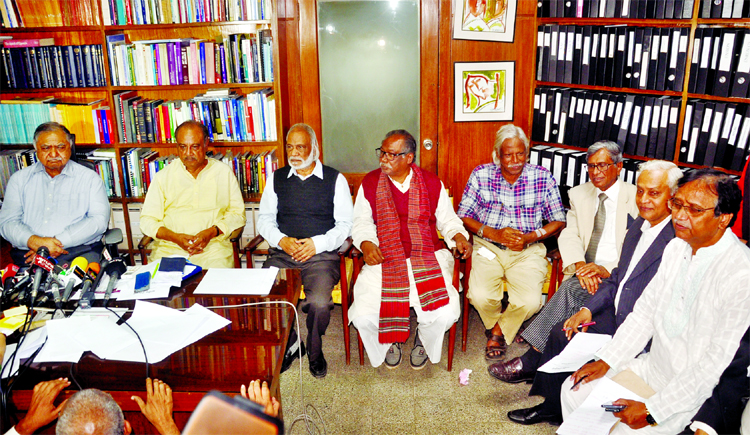 Oikyafront Convener Dr Kamal Hossain speaking at a meeting held at his Motijheel office on Tuesday over the holding public hearing to be held on 22nd February on parliamentary election held on 30th December.