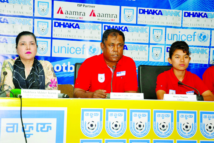 Head Coach of Bangladesh National Women's Football team Golam Rabbani Choton speaking at a press conference at the conference room in Bangladesh Football Federation (BFF) House on Wednesday.
