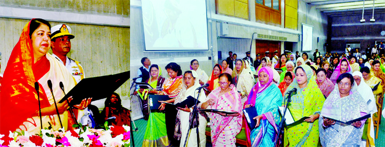 Speaker Dr. Shirin Sharmin Chowdhury administers the oath to the newly elected MPs to reserved seats for women at the Jatiya Sangsad Bhaban on Wednesday.