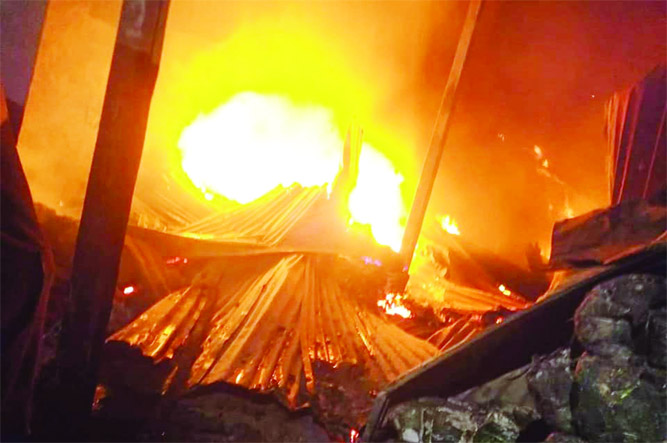 JAMALPUR : Fire gutted at least10 shops at Mahmudpur village in Melandah Bazar yesterday night.