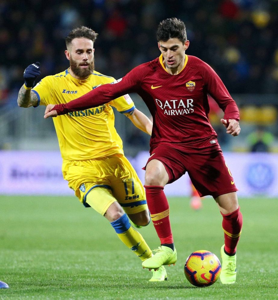 Frosinone's Francesco Zampano (left) and Roma's Diego Perotti, during their Italian Serie A soccer match at the Benito Stirpe stadium in Frosinone, Italy on Saturday.