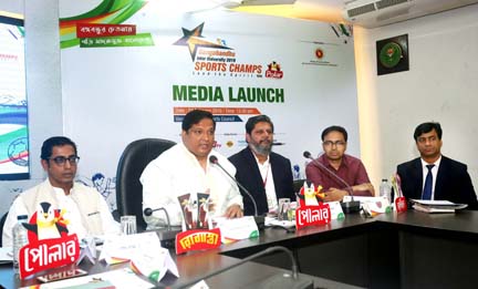 State Minister for Youth and Sports Zahid Ahsan Russell addressing a press conference at the conference room in the National Sports Council on Wednesday.