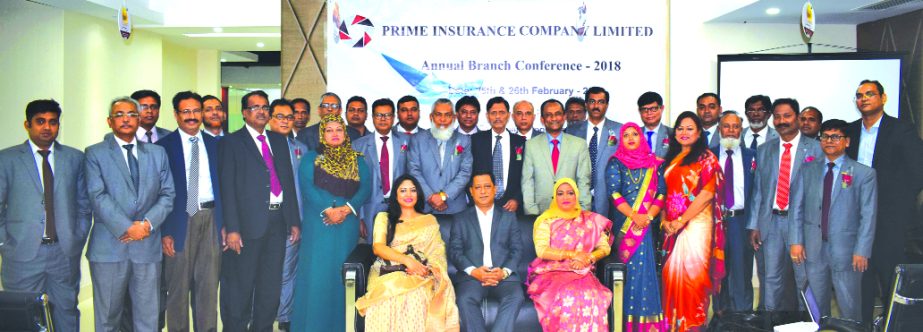 Md. Zakiullah Shahid, Chairperson, Board of Directors of Prime Insurance Company Limited, poses for a photo session with the participants of its two days long Annual Branch Conference at its head office in the city recently. Mohammodi Khanam, CEO, Saheda