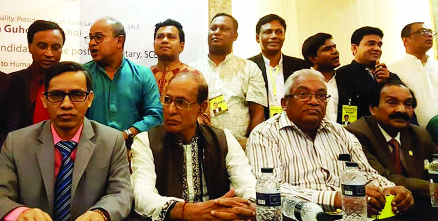 General Secretary of Hindu-Bouddha-Christian Oikya Parishad Rana Das Gupta and President of South Asian Lawyers' Forum Advocate Sheikh Salahuddin Ahmed, among others, at a seminar on 'Protection of Rights of Minorities' organised by Access to Human Rig