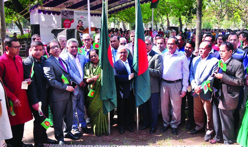 Dhaka University Vice-Chancellor Prof Dr.Akhtaruzzaman inaugurating historic 'Flag Hoisting Day' on Saturday through hoisting flag on Battala premises of the university.
