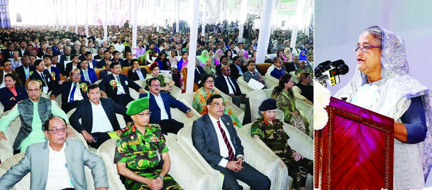 Prime Minister Sheikh Hasina speaking at the inaugural function of the 59th convention of the Engineers' Institution, Bangladesh on its premises in the city on Saturday. BSS photo