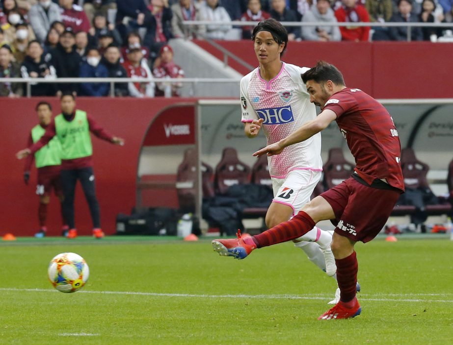 Vissel Kobe's David Villa scores his first goal in Japan against Sagan Tosu during a J-League soccer match in Kobe, western Japan on Saturday.