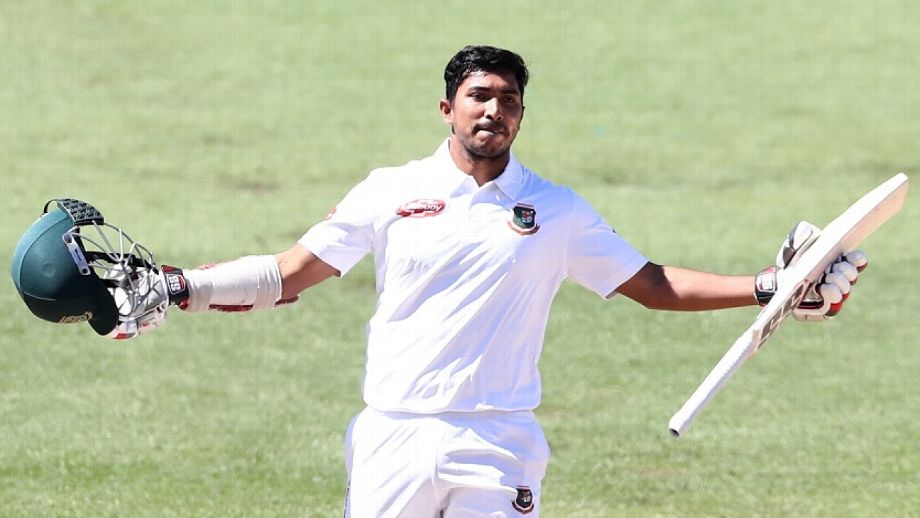 Soumya Sarkar of Bangladesh, celebrates his maiden century against New Zealand on the fourth day of the first Test match between Bangladesh and New Zealand, at Hamilton in New Zealand on Sunday. BCB photo