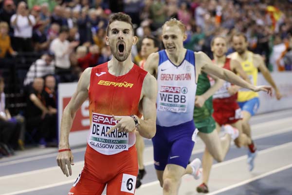 Alvaro de Arriba of Spain celebrates after winning the men's 800 meters race final at the European Athletics Indoor Championships at the Emirates Arena in Glasgow, Scotland on Sunday.