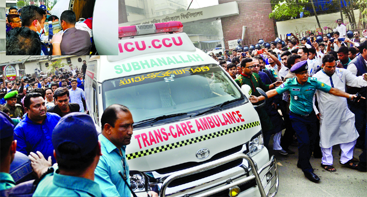 Ailing Minister Obaidul Quader who was undergoing treatment at BSMMU with 3 blockages in Coronary arteries is being taken to Singapore by Air Ambulance (inset) for better treatment on Monday afternoon.